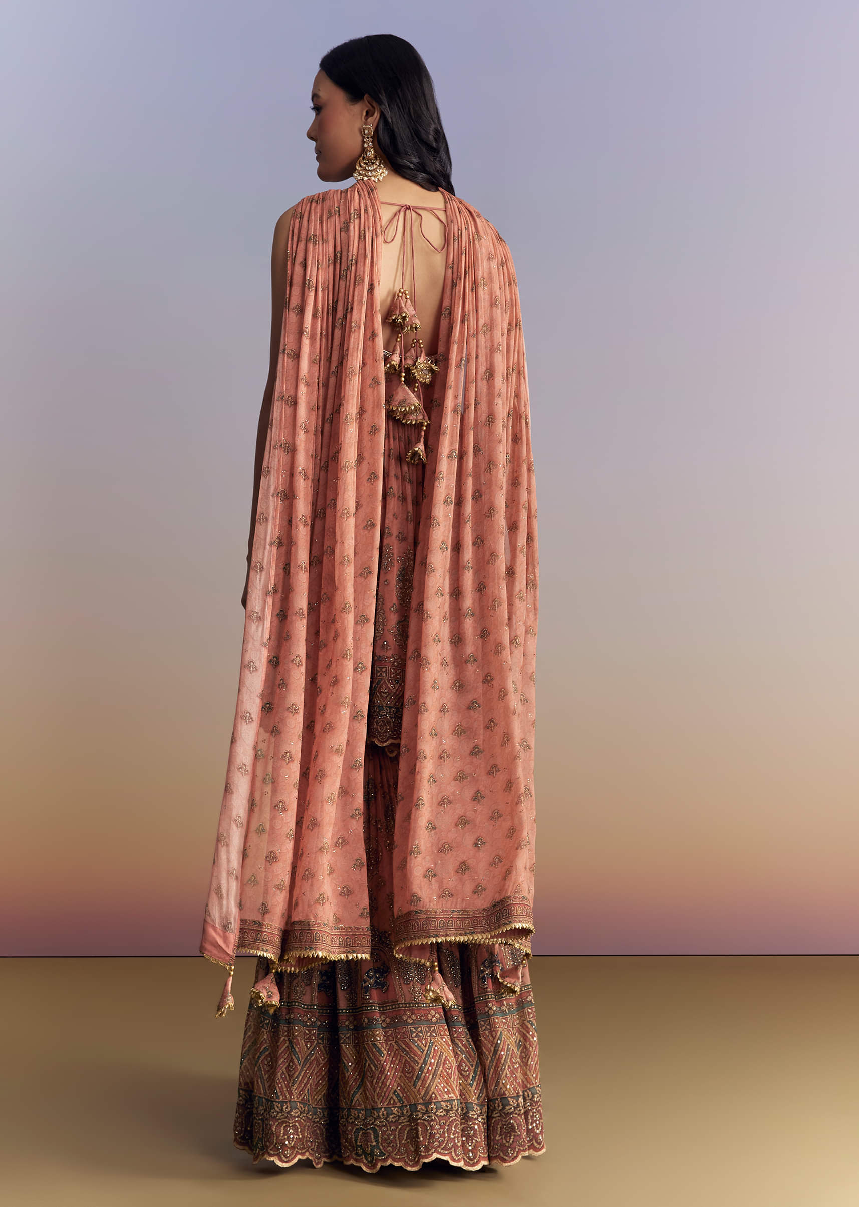 Peach Crepe Sharara Suit With Indie Print And Stone Work