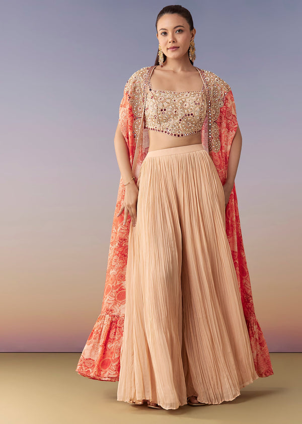 Peach Floral Cape Crop Top Set With Palazzo
