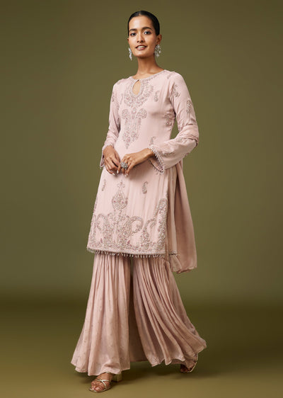 Peach French Knot Embroidered Sharara Set For Festive Wear