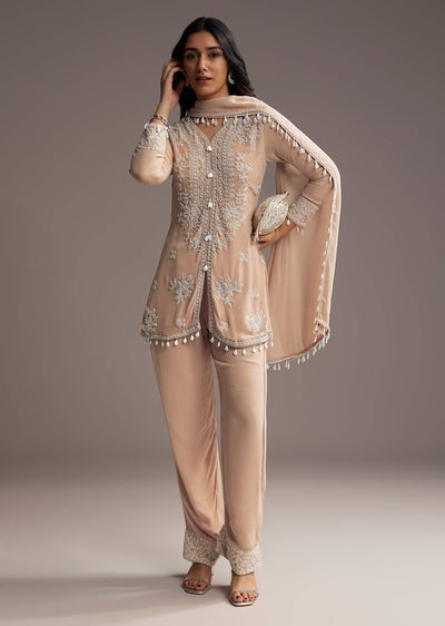 Peach Georgette Kurta Set With Beads Embroidery
