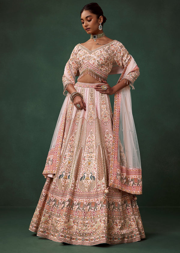 Peach Multi Bird Motif Printed Kali Bridal Lehenga Set with Heavy Embroidery