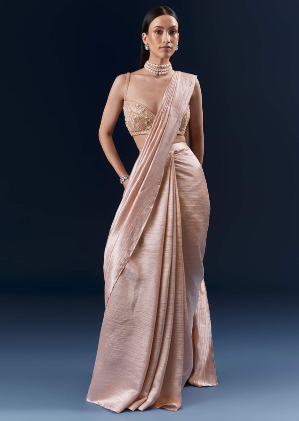 Peach Fancy Ready Pleated Saree With Embroidery