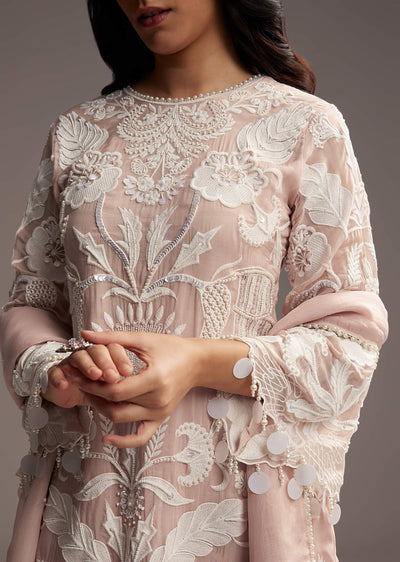 Peach Organza Kurta Set With Thread And Moti Work