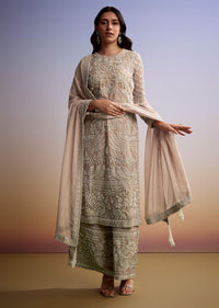Peach Organza Palazzo Suit With Zari And Moti Work