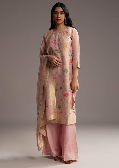 Peach Pink Banarasi Tissue Palazzo Suit
