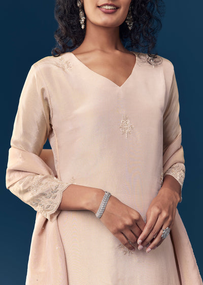 Peach Tissue Kurta Set With Sequin Embroidery