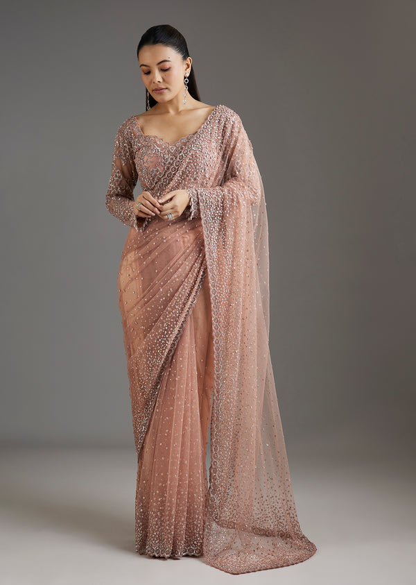 Peach Sequins Embellished Net Saree With Full Sleeves Blouse