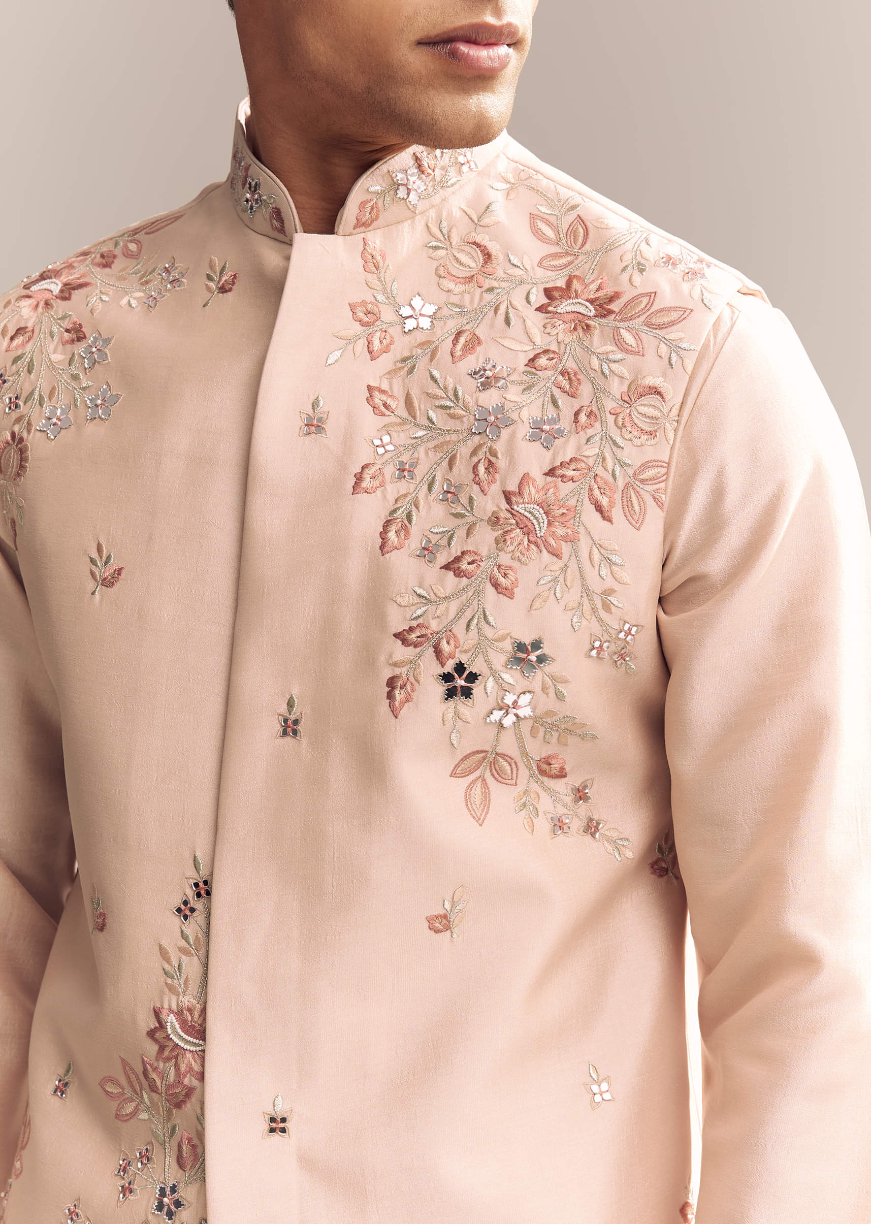 Peach Silk Kurta Jacket Set For Men With Heavy Embroidery