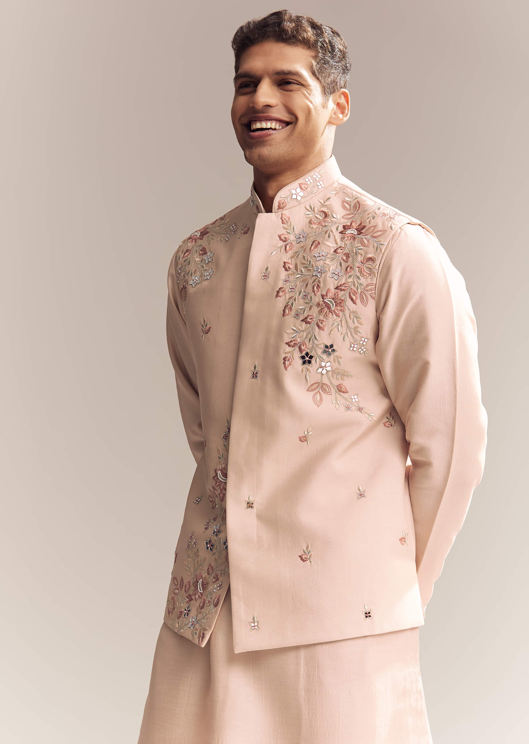 Peach Silk Kurta Jacket Set For Men With Heavy Embroidery