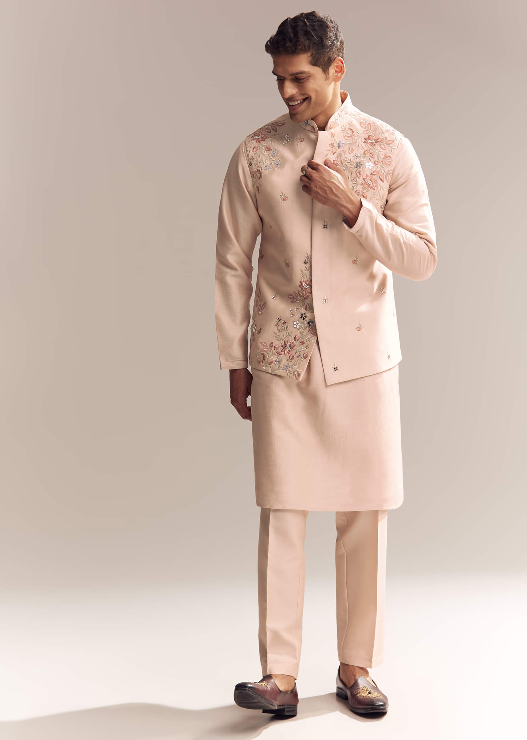 Peach Silk Kurta Jacket Set For Men With Heavy Embroidery
