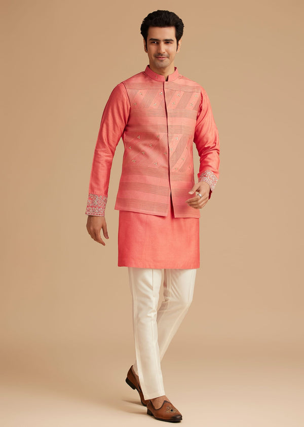 Peach Silk Kurta With Embroidered Jacket