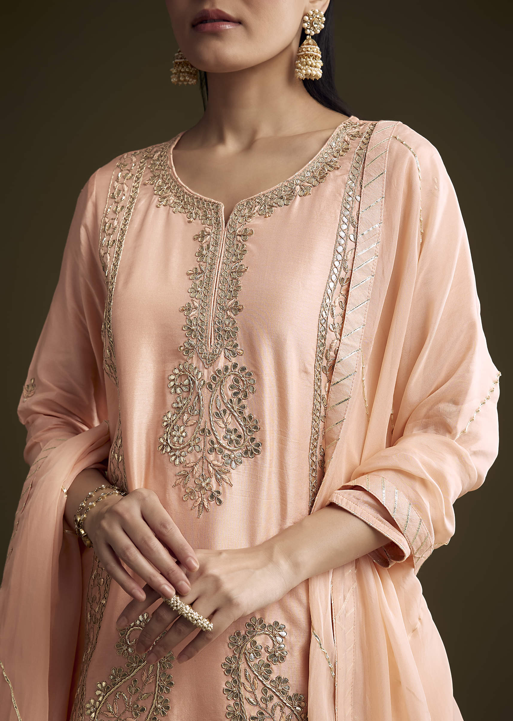 Peach Silk Sharara Suit With Zardosi And Gota Work