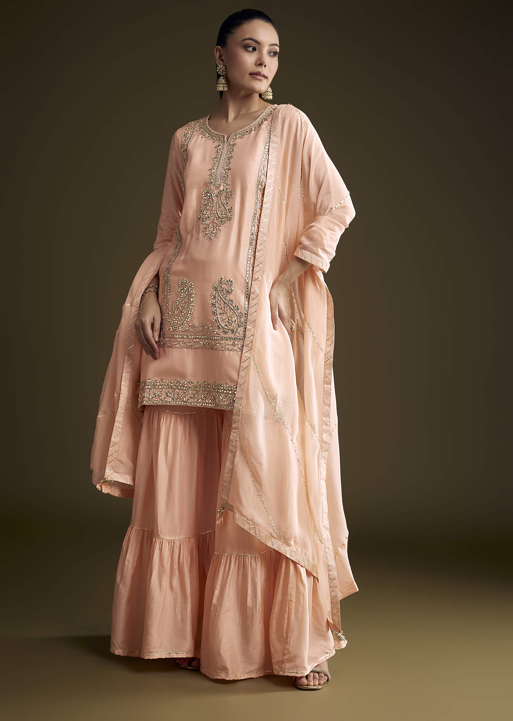 Peach Silk Sharara Suit With Zardosi And Gota Work