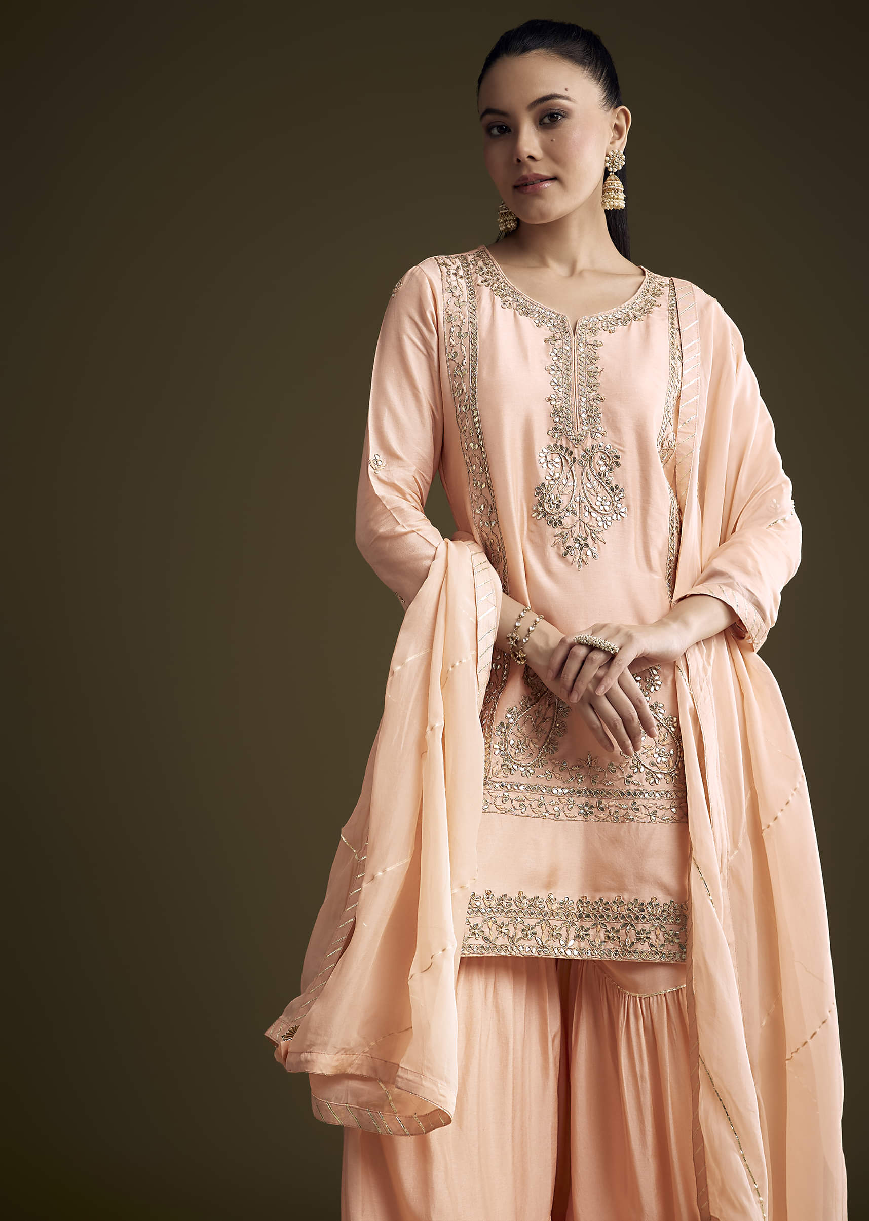 Peach Silk Sharara Suit With Zardosi And Gota Work