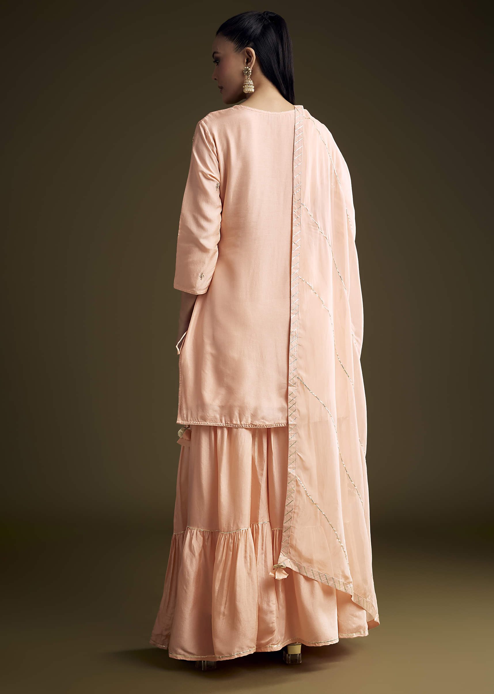 Peach Silk Sharara Suit With Zardosi And Gota Work