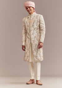 Peach Silk Sherwani For Groom With Pastel Floral Embroidery