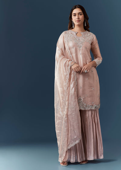 Peach Silver Work Tissue Kurta Sharara Set