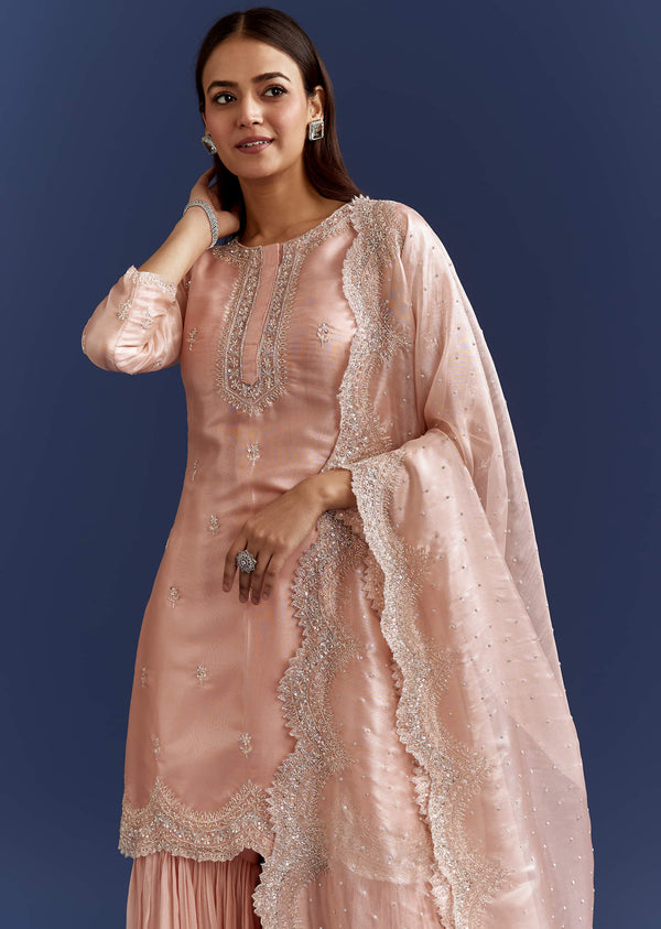 Peach Tissue Cutdana Kurta With Stone Work Dupatta In Tissue