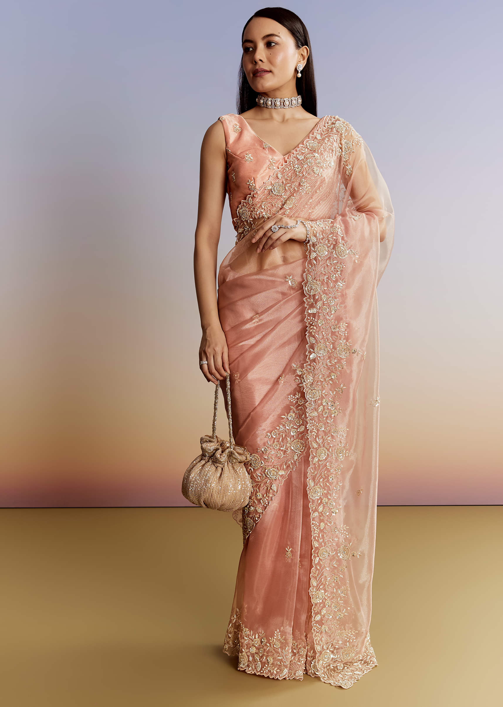Peach Tissue Saree With Floral Moti And Cutdana Embroidery