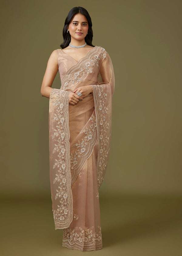 Peach Tissue Saree With Heavy Floral Scallop Border