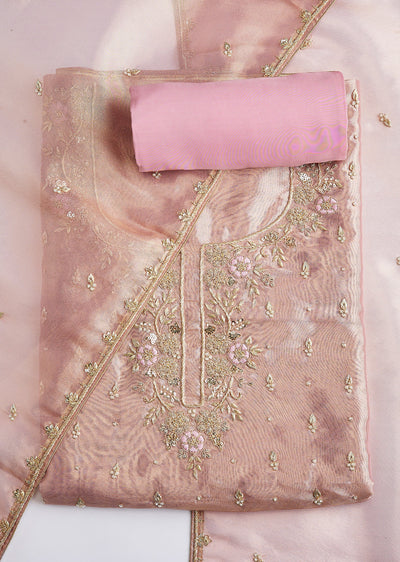 Peach Tissue Silk Zardozi Embroidered Dress Material Set