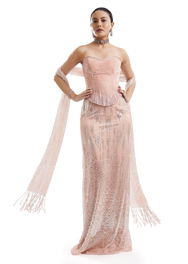 Peach Velvet Corset Lehenga With Embellished Dupatta