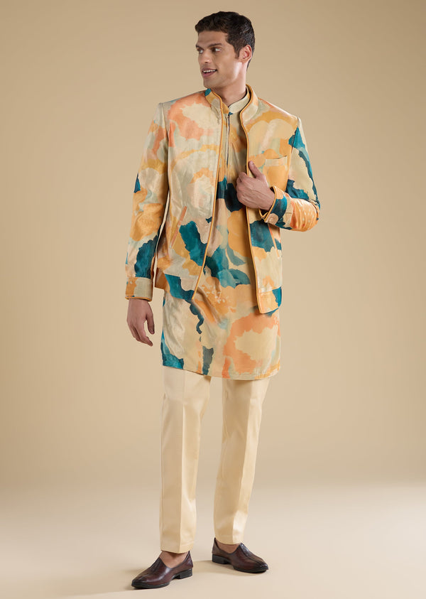Peach Velvet Jodhpuri Set With Kurta And Pants