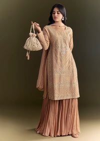 Peach Zardosi Moti Kurta And Cutdana Scallop Bordered Dupatta