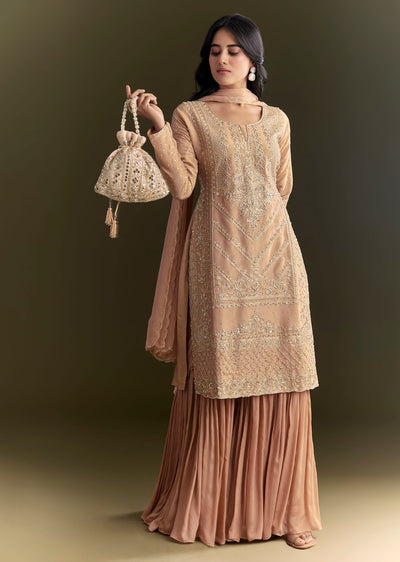 Peach Zardosi Moti Kurta And Cutdana Scallop Bordered Dupatta