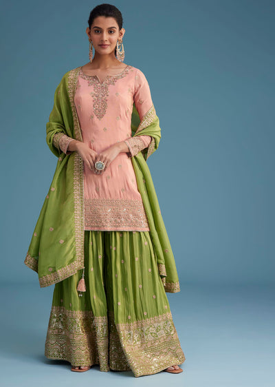 Peach And Green Tissue Palazzo Set With Zardosi And Sequins Work