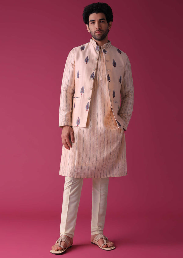 Peach Jacket Kurta Set In Art Silk With Threadwork