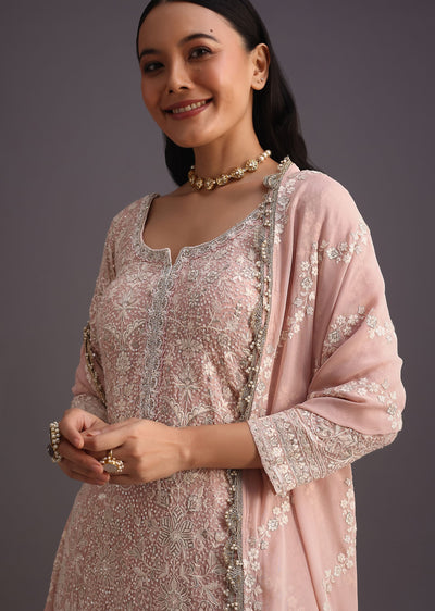 Peach Lucknowi Work Kurta Set With Flared Palazzo And Resham Dupatta