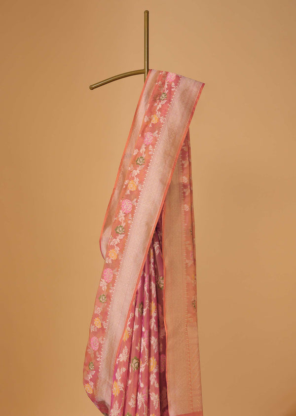 Peach Pink Handloom Banarasi Saree In Kora Silk With Meenakari Weave And Unstitched Blouse