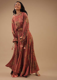 Peach Pink Satin Blouse And Skirt With Floral Print, Peasant Sleeves And High Low Hemline
