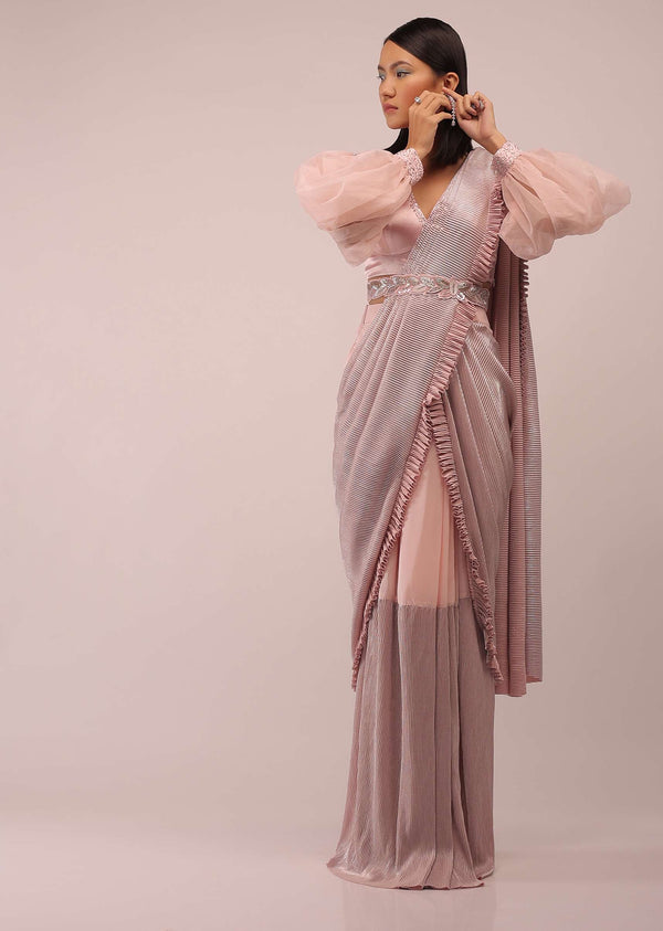 Peach Ready Pleated Saree In The Crush, It Is Paired With A Crop Top In Balloon Embroidered Sleeves