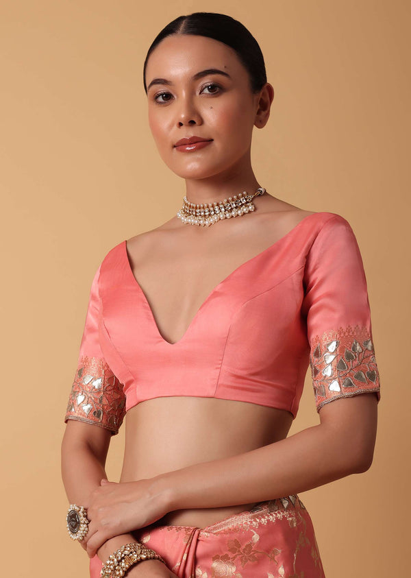 Peach Satin Organza Saree With Floral Zari Jaal Weave And Unstitched Blouse Piece