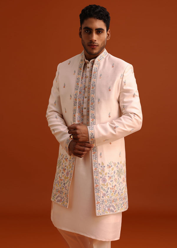 Peach Thread Embroidered Cotton Silk Sherwani Set