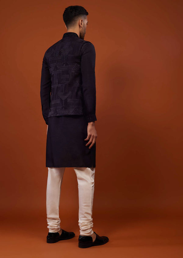 Navy Blue Embroidered Cotton Silk Bandi Jacket Set