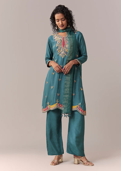 Peacock Blue Asymmetric Short Anarkali Set With Dupatta
