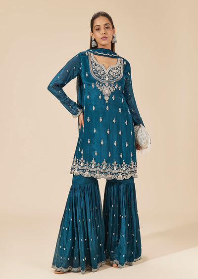 Peacock Blue Chinon Sharara Suit With Cut Dana And Sequin Embroidery