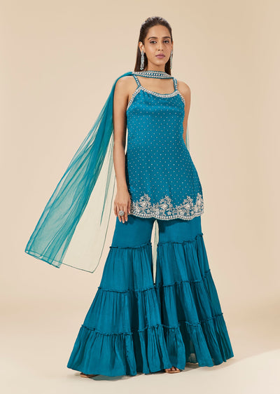 Peacock Blue Chinon Sharara Suit With Sequin Embroidered Kurta