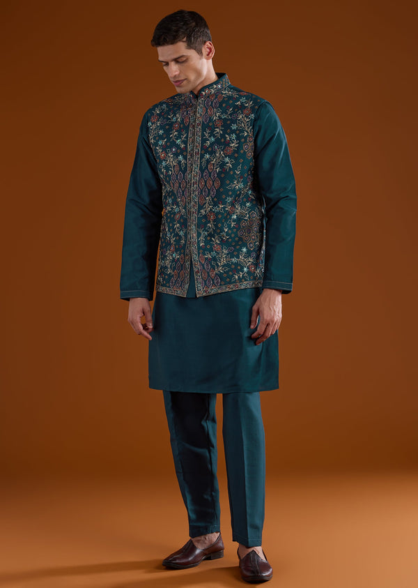 Peacock Blue Embroidered Silk Kurta Jacket Set