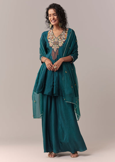 Peacock Blue Zardosi & Thread Palazzo Set With Dupatta