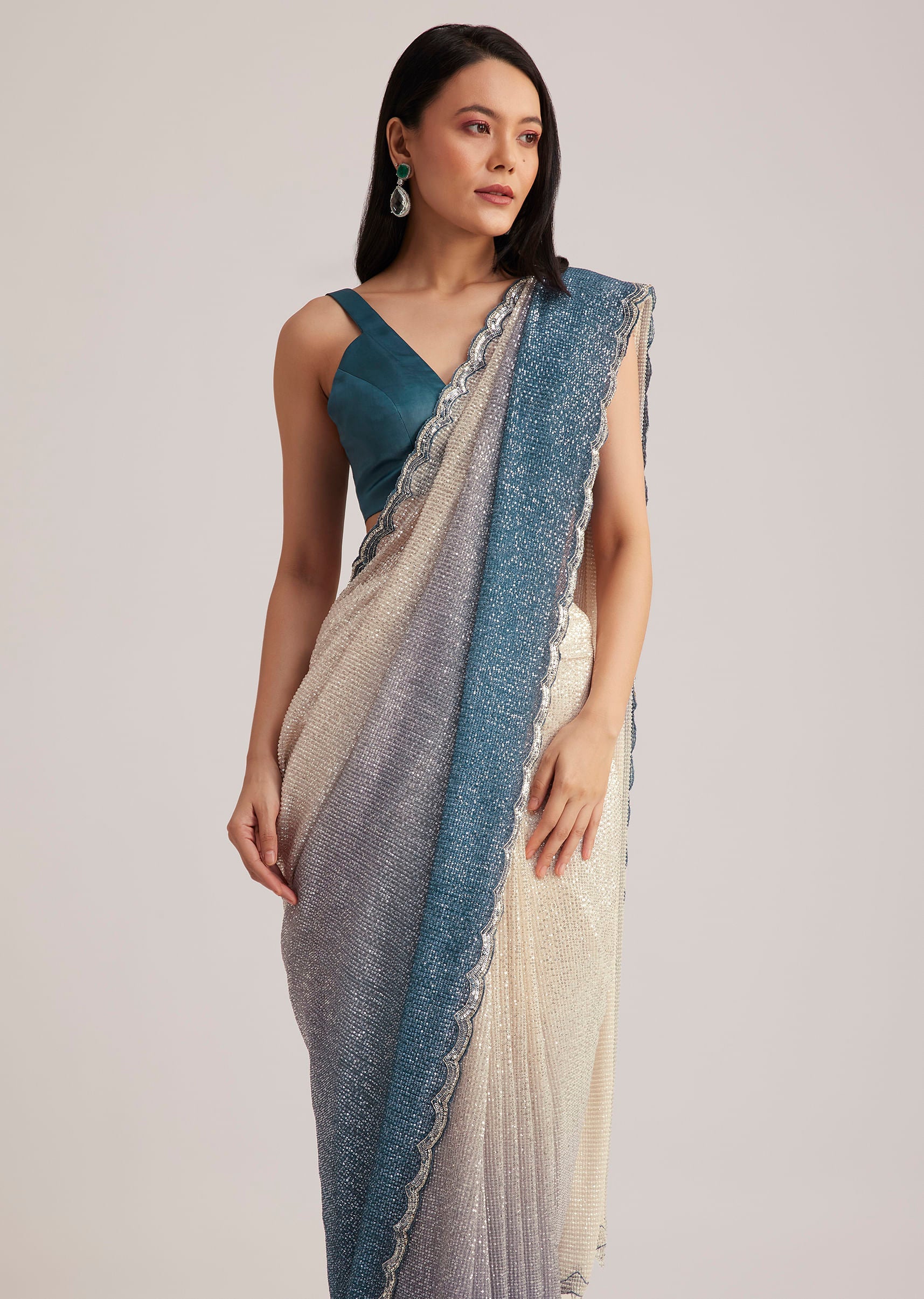 Peacock Blue Ombre Sequins Saree With Scalloped Embroidered Border