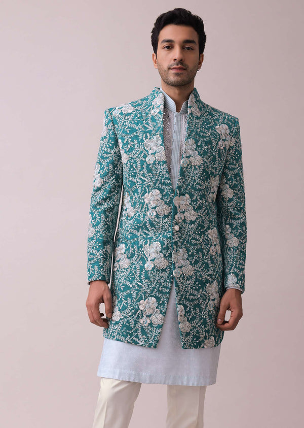Peacock Green Indowestern Achkan Kurta Set In Raw Silk With Cut Dana And Mirror Work