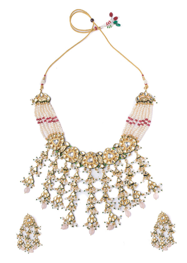 Pearl Layered Necklace Set With Floral Elements And Bead Drops