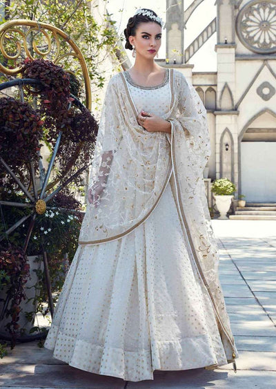 Pearl White Suit In Cotton Silk With Matching Net Dupatta