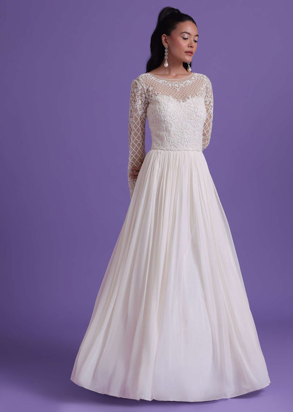 Pearl White Gown In Georgette With Cut Dana Embroidery