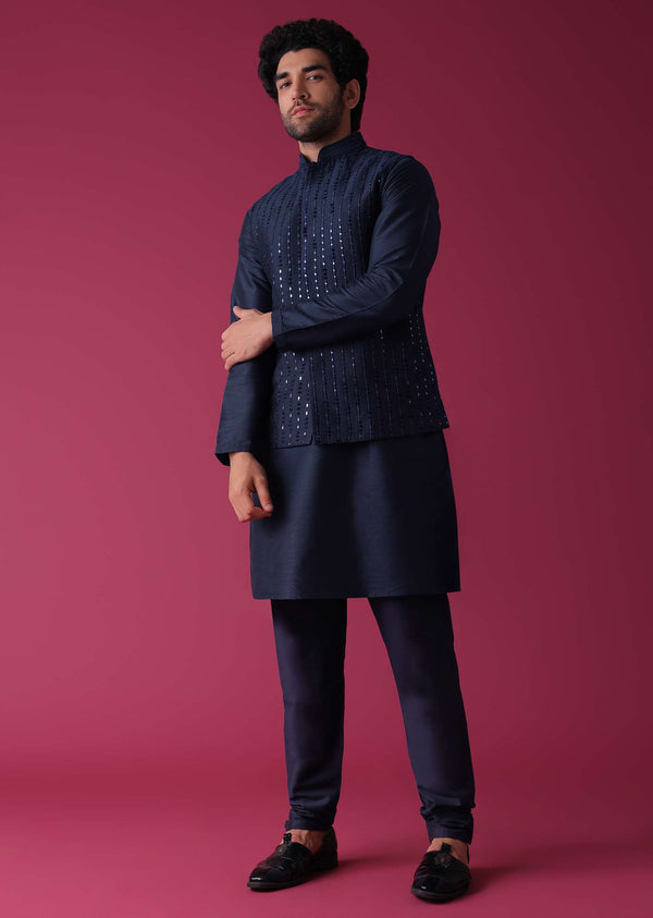 Persian Blue Jacket Kurta Set In Silk With Threadwork