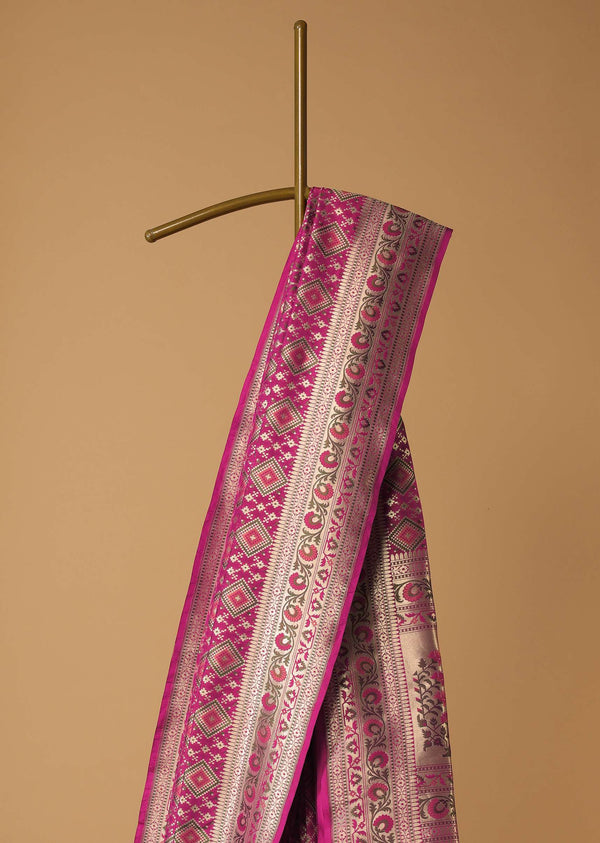 Persian Pink Banarasi Patola Saree With Ikat Weave In Katan Silk